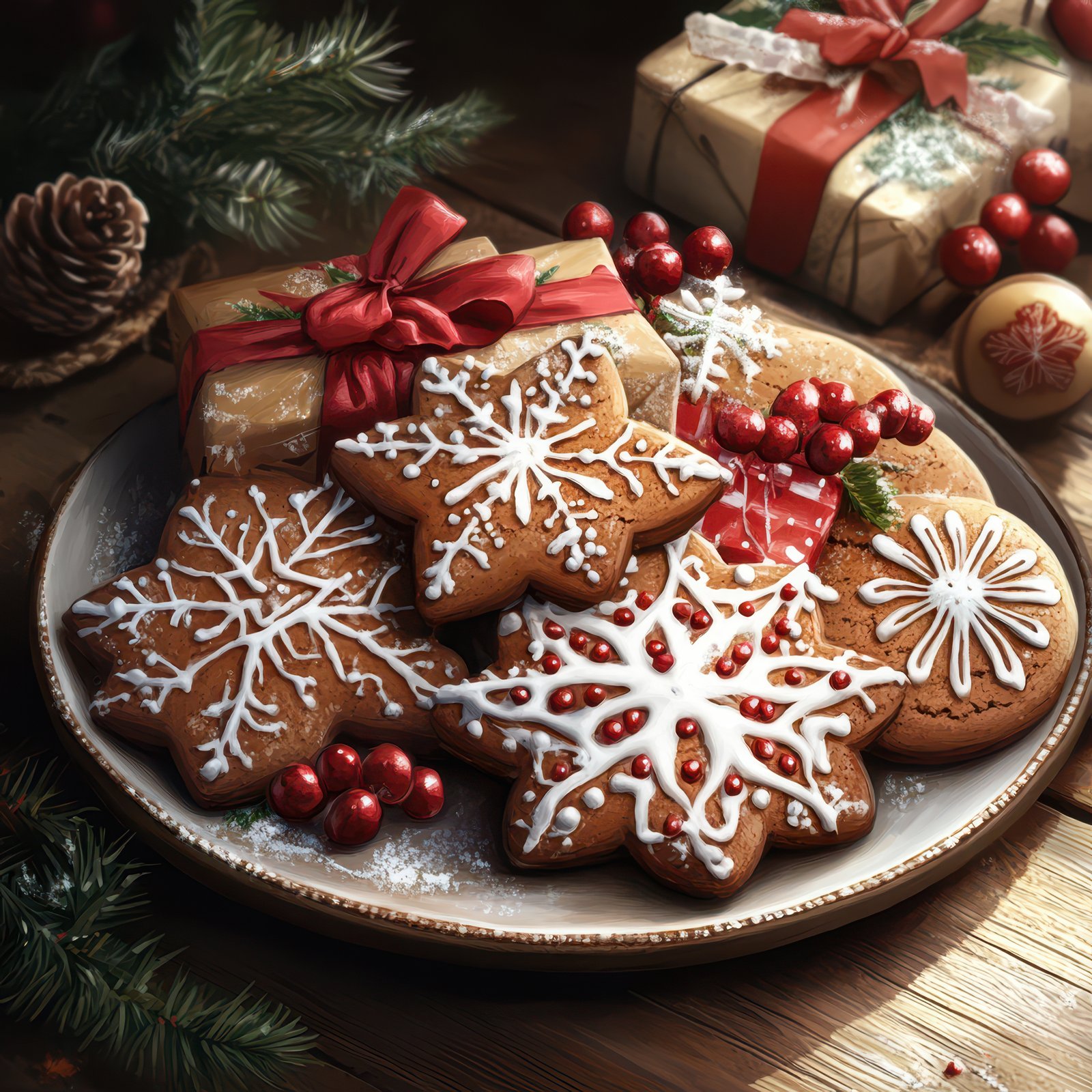 A plate of gingerbread cookies decorated with snowflakes and red sprinkles sits on a wooden table with presents and pine branches